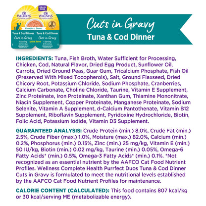 Wellness Complete Health Purrfect Duos, Cuts in Gravy, Adult Wet Cat Food, Natural, Protein-Rich, Grain-Free, 2.64 Ounce, 12 Pack, (Tuna & Cod Dinner Recipe)