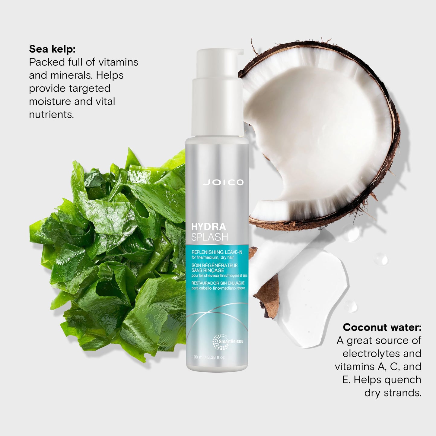Joico HydraSplash Replenishing Leave-In | For Fine, Medium, Dry Hair | Boost Shine & Softness | Tame Frizz & Hydrate | With Sea Kelp & Coconut Water | 3.38 Fl Oz