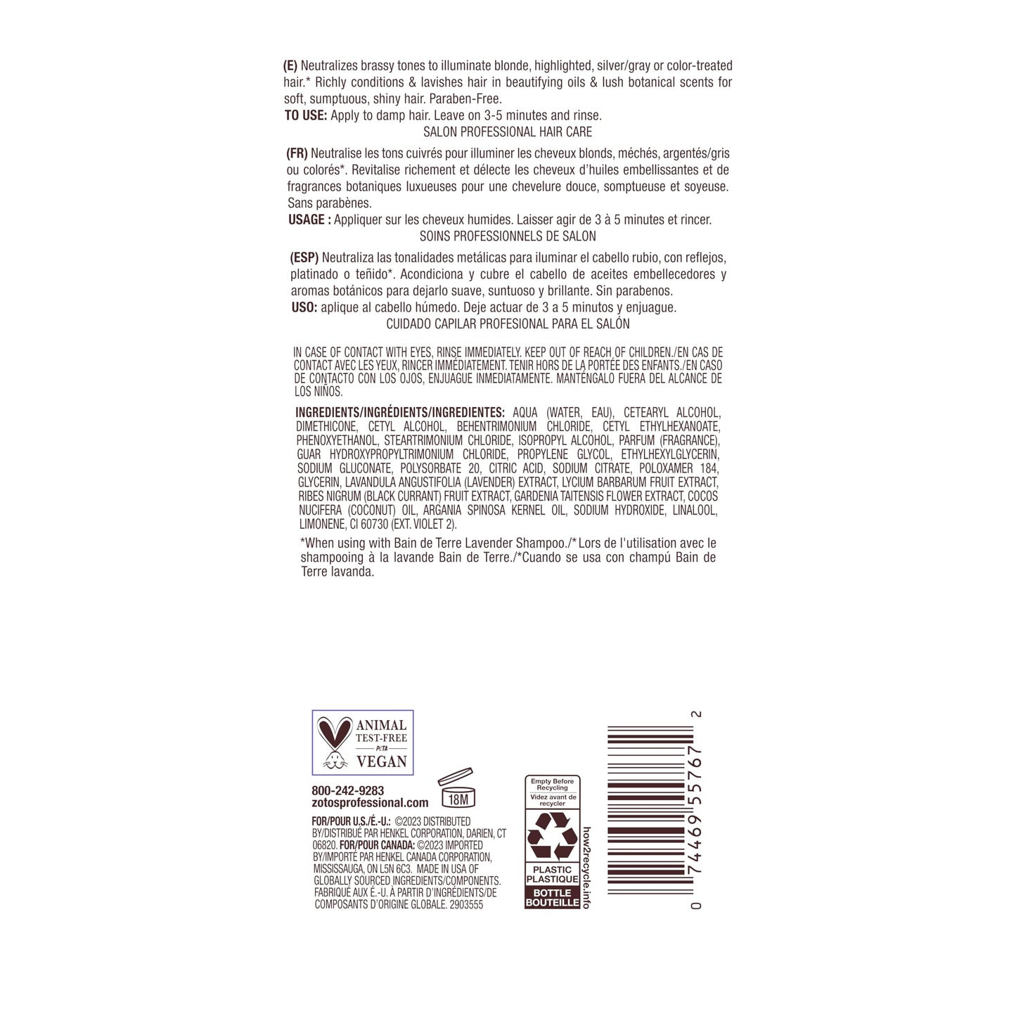 Bain de Terre Lavender Blonde Toning Conditioner, Neutralize Brassy Tones for Cool Blonde, Highlighted or Gray Hair, with Argan & Monoi Oils, Paraben-Free, Vegan,13.5 Fl Oz