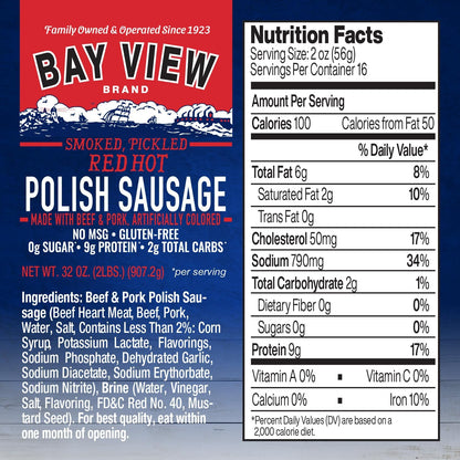 Bay View Smoked Pickled Polish Sausage, No MSG, Gluten Free, No Soy, 0g Sugar, 8g Protein, Hardwood Smoked, Mouthwatering Pickled Snack (1, Hot)