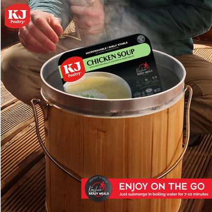 KJ Poultry Kosher Ready Meals - Matza Ball Chicken Soup & Vegetables, CHOMETZ NOT for PASSOVER, MRE Meat Meals Ready to Eat, Shabbos Food, Halal, (1 Pack) Cooked Entree, Shelf Stable Microwave Dinner