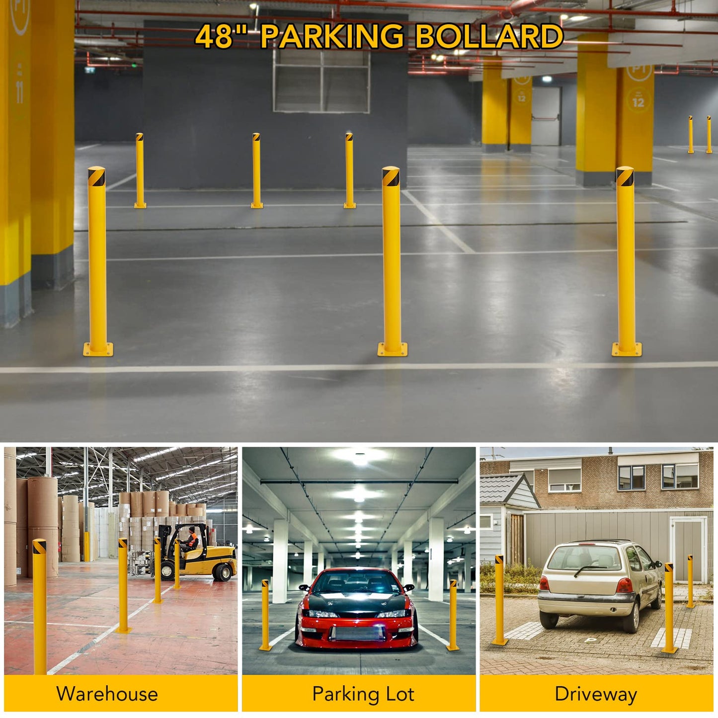 Safety Bollard Post 48" Height, 4.5" Diameter, 6 Packs Yellow Steel with Anchor Bolts - Easy Installation, Stable Base Plate, High Visibility - Ideal for Traffic Control, Driveway Barrier