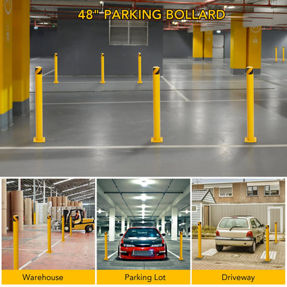 Safety Bollard Post 48" Height, 4.5" Diameter, 6 Packs Yellow Steel with Anchor Bolts - Easy Installation, Stable Base Plate, High Visibility - Ideal for Traffic Control, Driveway Barrier