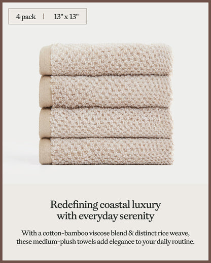 Cozy Earth Nantucket 60% Cotton 40% Viscose from Bamboo Washcloth - 600 GSM Plush & Fast-Drying with Rice Weave Pattern - 4 Pack 13" x 13" Luxury Washcloth - Sand
