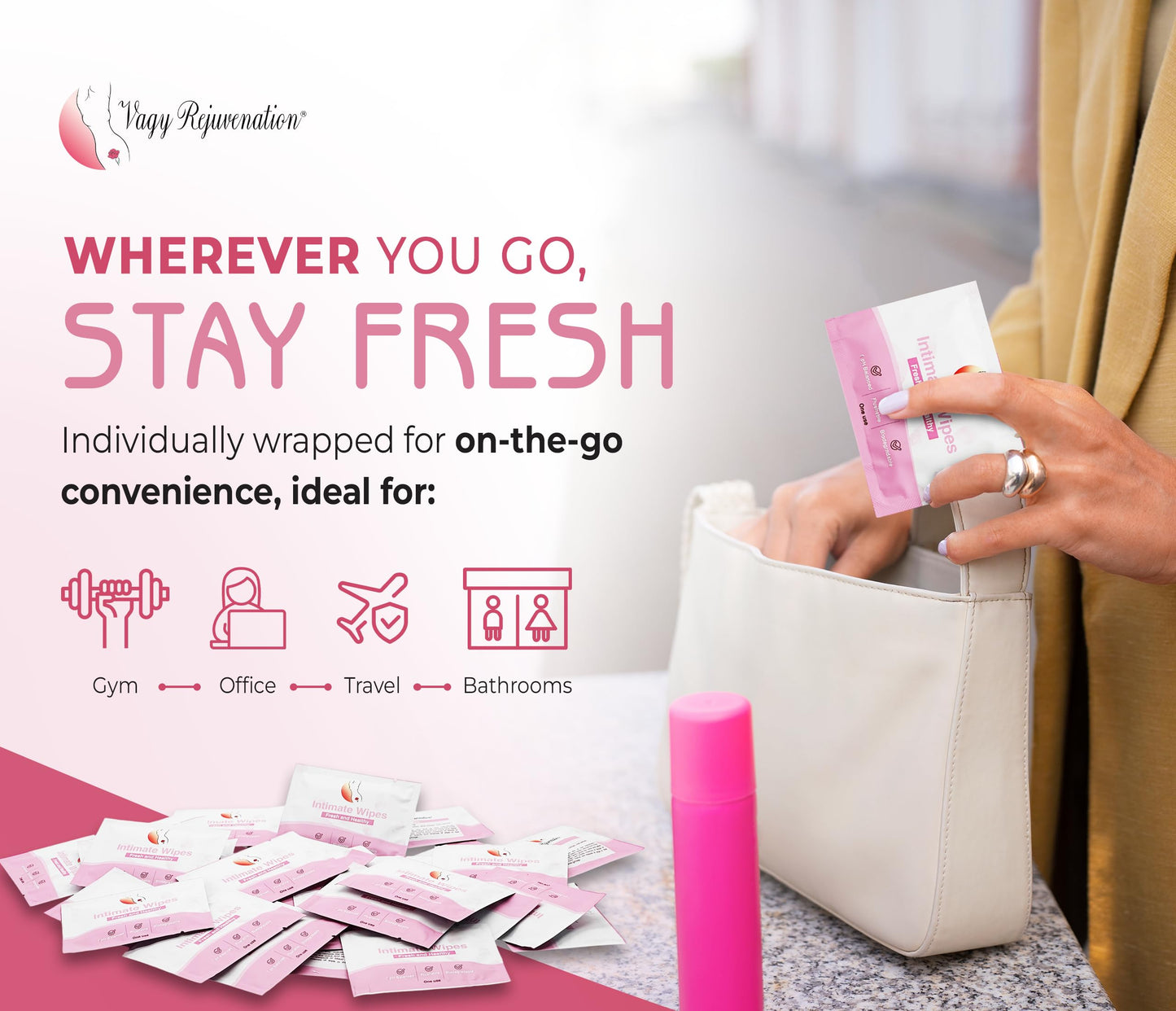 Vagy Rejuvenation Intimate Feminine Wipes – Hypoallergenic Wipes for Women with Aloe & Vitamin E – pH-Balanced, Biodegradable, Travel-Friendly – Feminine Hygiene Post-Workout & Daily Use (30 Count)