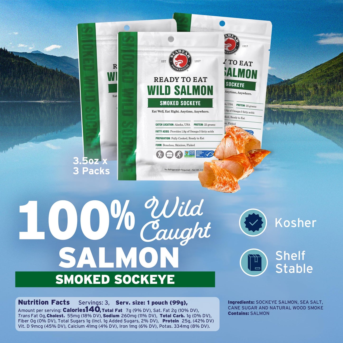SeaBear Ready to Eat Smoked Wild Sockeye Salmon 3-Pack Wild-Caught Salmon, Fully Cooked in Gold Seal Pouch, No Refrigeration Needed, Shelf-Stable Gourmet Meal or Snack, 3.5 oz (Pack of 3)
