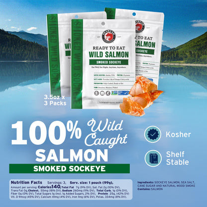 SeaBear Ready to Eat Smoked Wild Sockeye Salmon 3-Pack Wild-Caught Salmon, Fully Cooked in Gold Seal Pouch, No Refrigeration Needed, Shelf-Stable Gourmet Meal or Snack, 3.5 oz (Pack of 3)