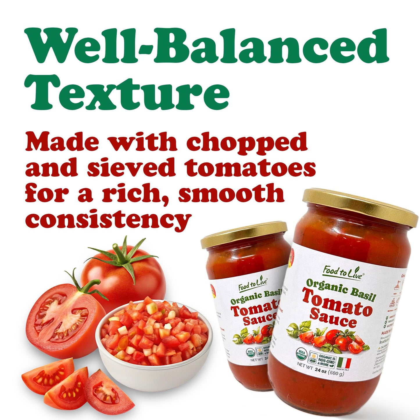 Food To Live Organic Basil Tomato Sauce, 24oz (680g) – Authentic Italian Pasta Sauce, No Added Sugar, Non-GMO, Vegan (Pack of 2)