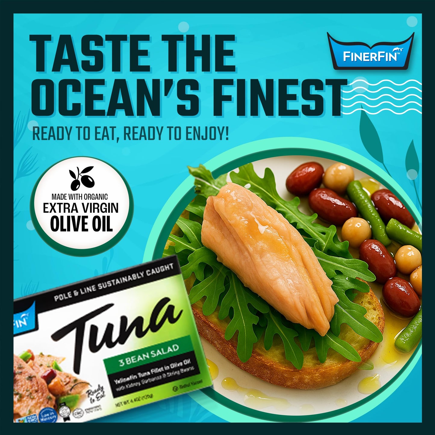 FinerFin Yellowfin Tuna Fillets In Organic Olive Oil – 3 Bean Salad Flavor (4.4oz can - 2 Pack); Premium Canned Fish with EVOO, Gourmet Ready-to-Eat Fillets, Pole & Line Caught