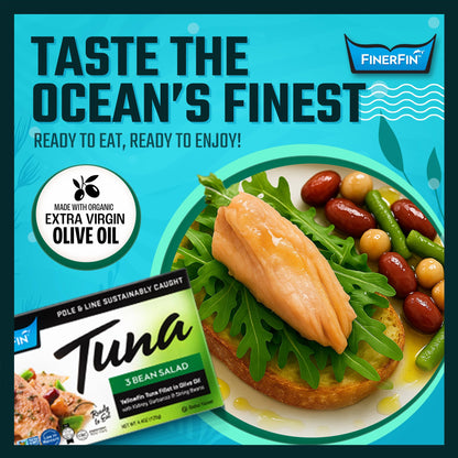 FinerFin Yellowfin Tuna Fillets In Organic Olive Oil – 3 Bean Salad Flavor (4.4oz can - 2 Pack); Premium Canned Fish with EVOO, Gourmet Ready-to-Eat Fillets, Pole & Line Caught
