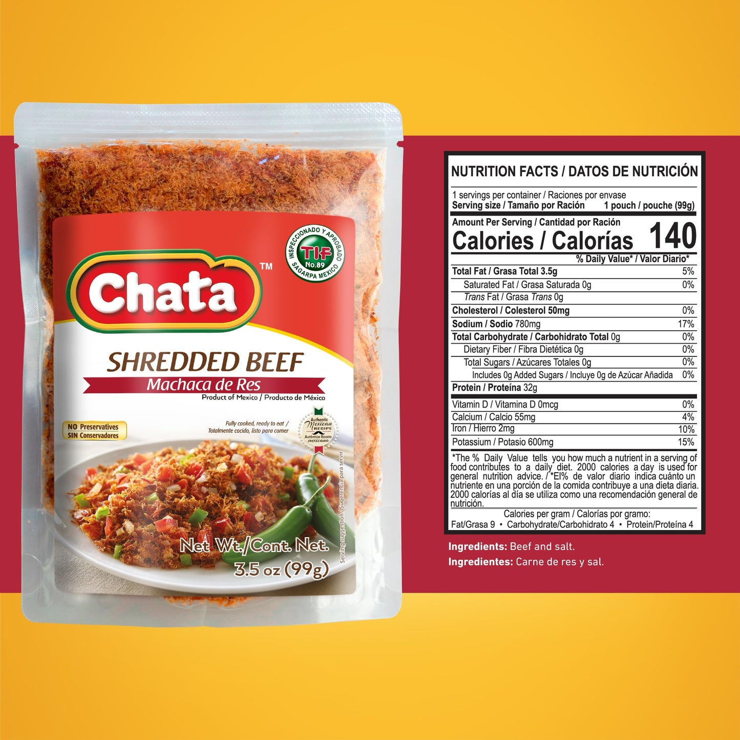 Chata Mexican Machaca de Res, Traditional Dried Shredded Beef, 3.5 oz