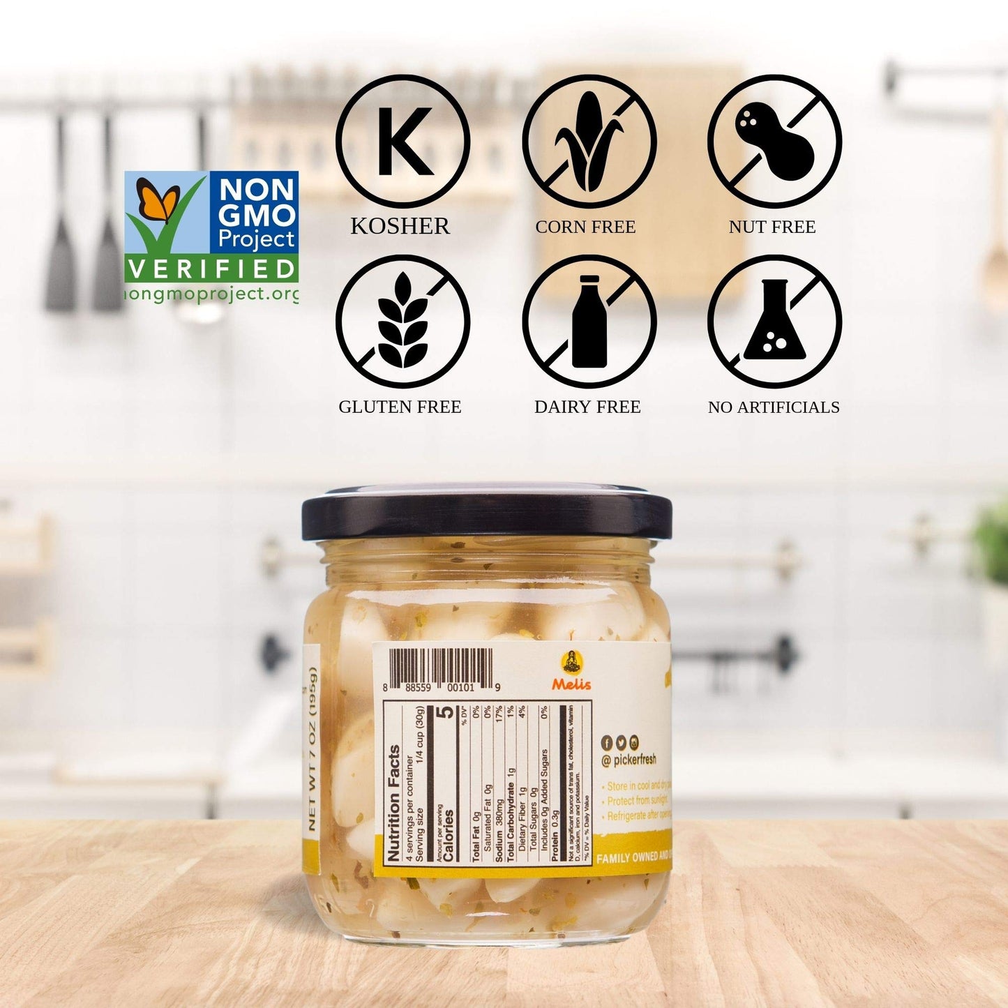 Pickerfresh Pickled Garlic - Gourmet Garlic Cloves - Simple Ingredients - Non-GMO, Gluten Free & No Artificial Color - 7 oz (3 Pack)