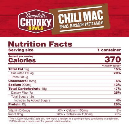 Campbell’s Chunky Soup, Chili Mac Soup, 15.25 oz Microwavable Bowl