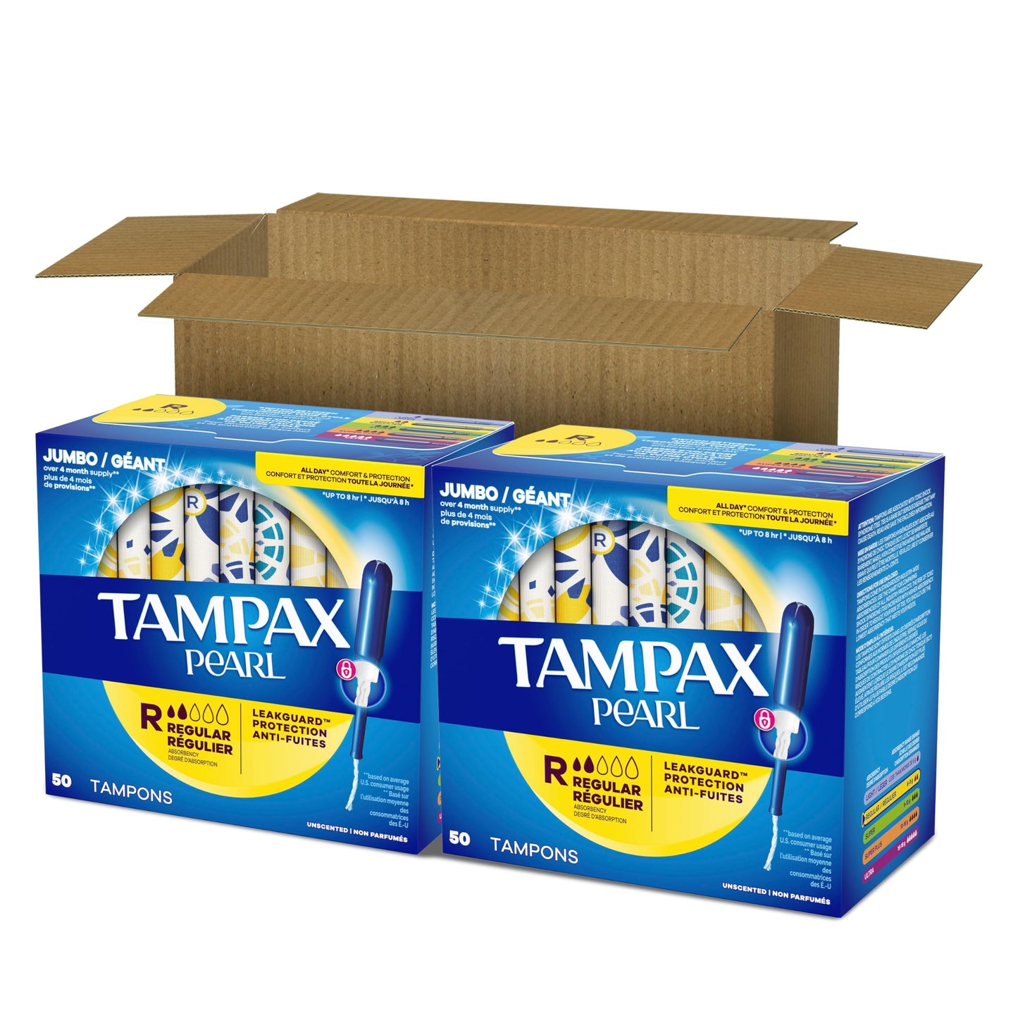 Tampax Pearl Tampons Regular Absorbency, with Leakguard Braid, Unscented, 50 Count x 2 Packs (100 Count Total) (Packaging May Vary)