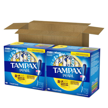 Tampax Pearl Tampons Regular Absorbency, with Leakguard Braid, Unscented, 50 Count x 2 Packs (100 Count Total) (Packaging May Vary)