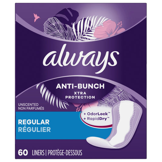 Always, Panty Liners Anti Bunch Regular, 60 Count