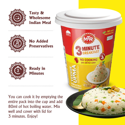 MTR 3minute Veggie Poha - Ready-to-Cook Mix - Authentic Indian Food in Just 3 Minutes - 100% Vegetarian - No Added Preservatives - Just Add Hot Water - Quick & Easy ((Veggie Upma Cup - 80g, Pack of 6)