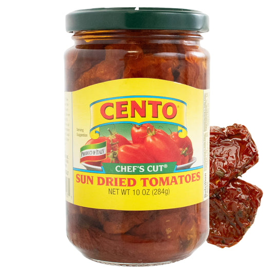 Cento Chefs Sun Dried Tomatoes in Oil & Spices for Pasta, Salad & Antipasto - Grown and Processed in Italy - Gluten-Free, Non-GMO, Low Sodium Italian Tomatoes - 10 Ounce Jar
