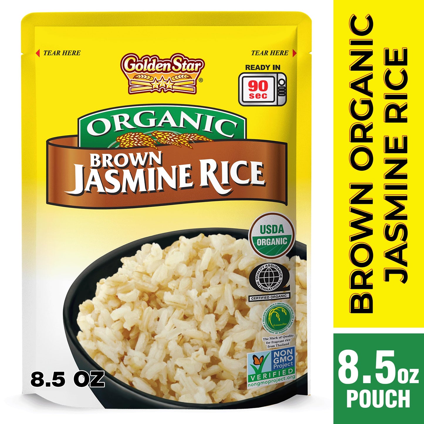 Golden Star Organic Thai Hom Mali Brown Jasmine Rice - Microwaveable Rice - (6 Pack) 8.5 oz Pouch