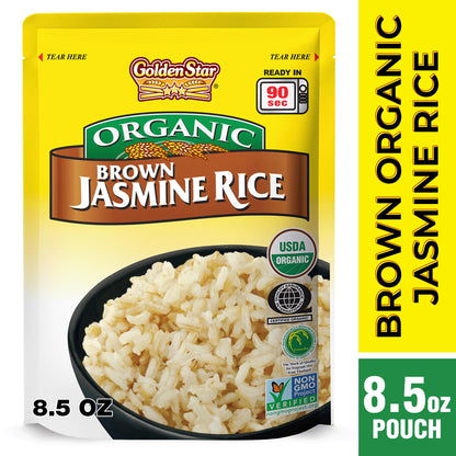 Golden Star Organic Thai Hom Mali Brown Jasmine Rice - Microwaveable Rice - (6 Pack) 8.5 oz Pouch