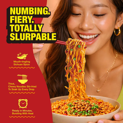 JWAY Sichuan Pepper Stir Fry Noodles, Deep-fried Instant Ramen with Chili Oil, Spicy Dry Tossed Noodles, Real Vegetable Pack, Rich Chili Flavor, Quick & Easy Ready Meal, 3.20 oz (Pack of 12)