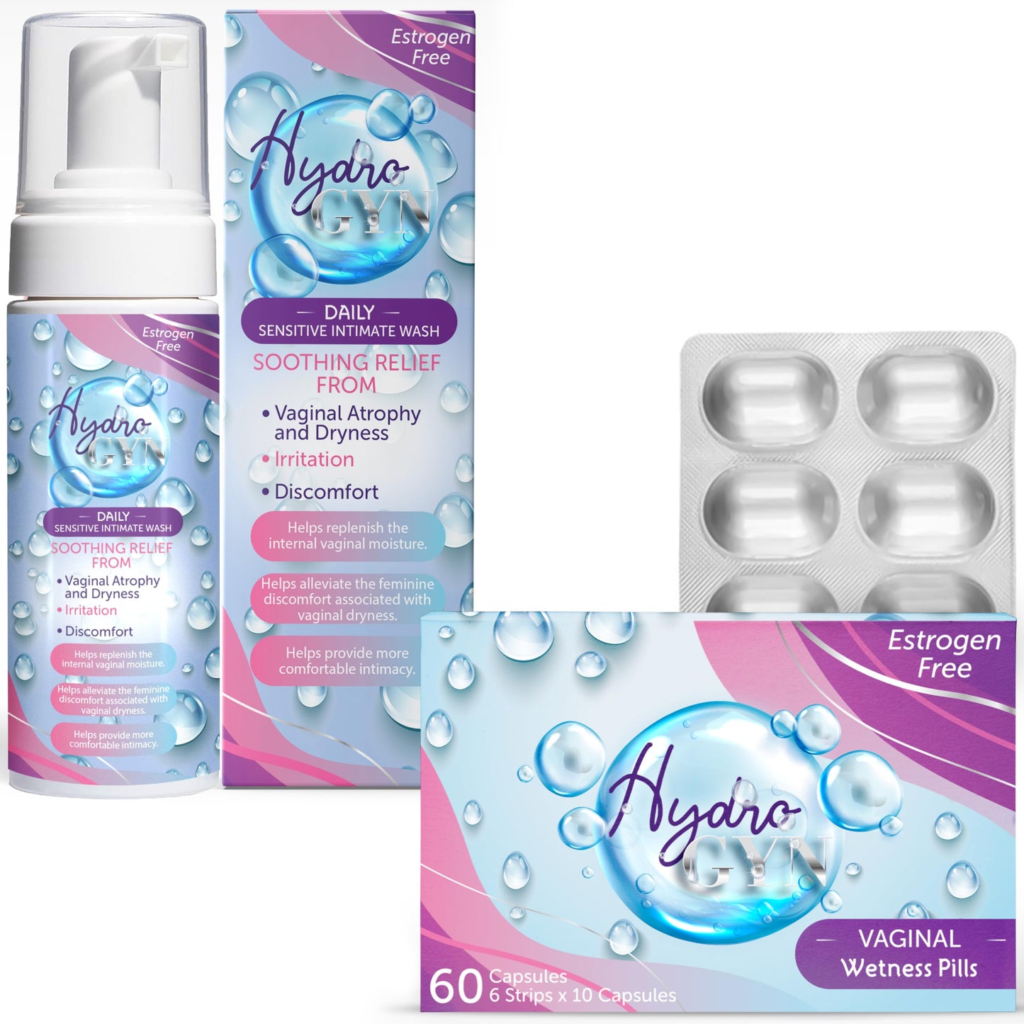 Feminine Wash, Unscented Feminine Cleanser for pH Balance and Vaginal Dryness Relief, Suitable for Sensitive Skin + pH Balance Oral Pills for Vaginal Moisture, Dryness, Itching Relief