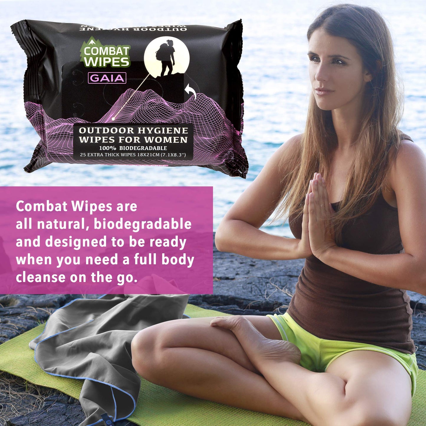 Combat Wipes Gaia - Feminine Hygiene Outdoor Wet Wipes - Extra Thick, Ultralight, Biodegradable, pH Balanced Body & Hand Cleansing Cloths for Women w/Aloe (1 Pack, 25 Wipes)