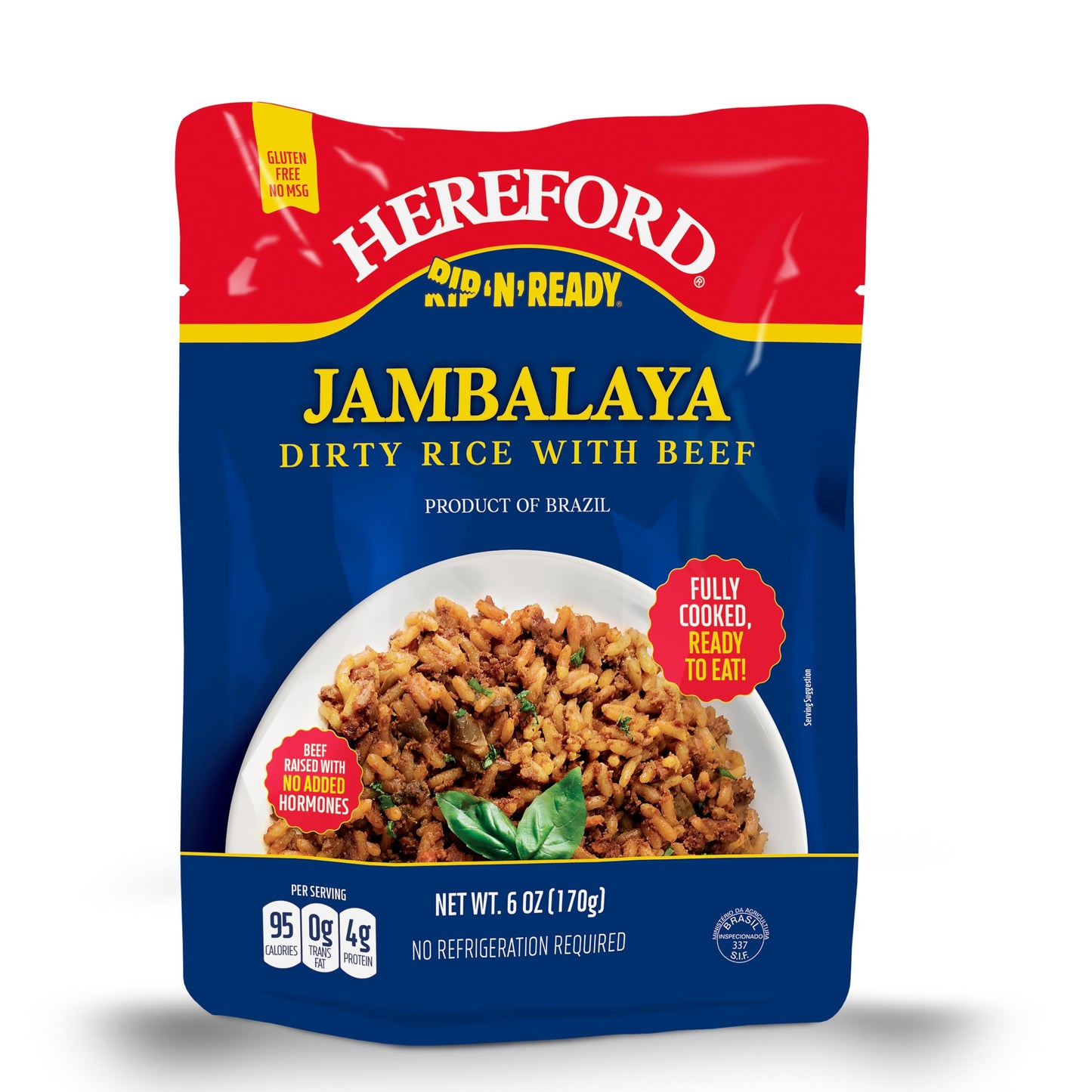 Hereford Jambalaya Dirty Rice with Beef | Shelf Stable | Fully Cooked | Ready-to-Eat | Beef Raised with No Added Hormones | 12g of Protein per Serving | 6oz per Pouch (Case of 12)