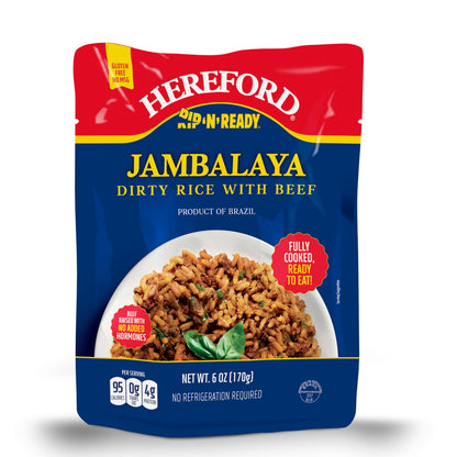 Hereford Jambalaya Dirty Rice with Beef | Shelf Stable | Fully Cooked | Ready-to-Eat | Beef Raised with No Added Hormones | 12g of Protein per Serving | 6oz per Pouch (Case of 12)