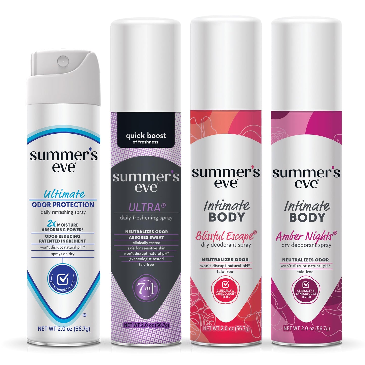 Summer's Eve Ultimate Odor Control Daily Feminine Spray, Odor-Reducing and Moisture-Absorbing Formula, Ultimate Odor Protection, Ultra, Blissful Escape, & Amber Nights; 2 Oz, Pack of 4