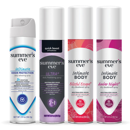 Summer's Eve Ultimate Odor Control Daily Feminine Spray, Odor-Reducing and Moisture-Absorbing Formula, Ultimate Odor Protection, Ultra, Blissful Escape, & Amber Nights; 2 Oz, Pack of 4