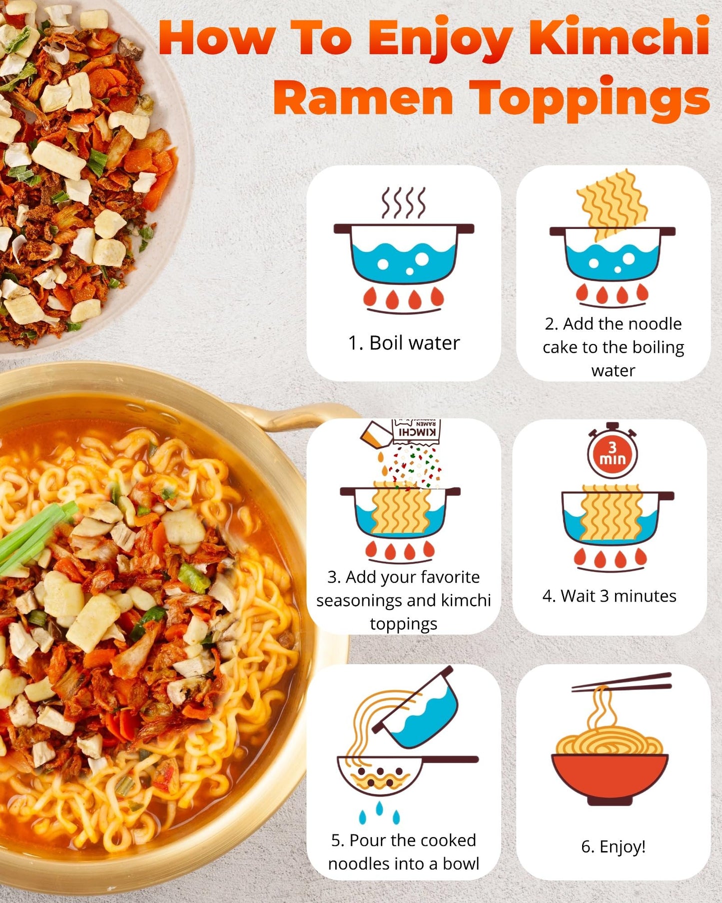 Dried Kimchi Ramen Toppings 6oz - 5 Ingredients Korean-Style Dehydrated Vegetable Mix, Vegan, No MSG, Preservative Free, Dried Vegetables for Instant Ramen Noodles, Soup (170g)