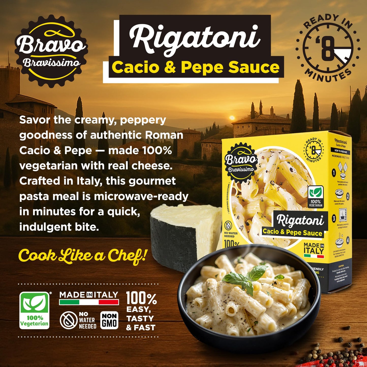 Bravo Bravissimo Rigatoni Italian Pasta Meal - Gourmet, 100% Vegetarian, Cacio & Pepe Sauce Flavor, Microwaveable, Ready in Minutes, No Refrigeration, Perfect for Quick Meals - 14.64 oz, 6 Pack