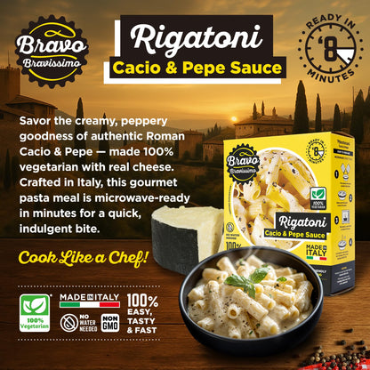 Bravo Bravissimo Rigatoni Italian Pasta Meal - Gourmet, 100% Vegetarian, Cacio & Pepe Sauce Flavor, Microwaveable, Ready in Minutes, No Refrigeration, Perfect for Quick Meals - 14.64 oz, 6 Pack