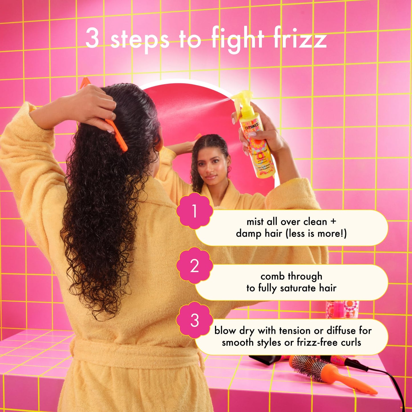 amika frizz-me-not hydrating anti-frizz treatment | lightweight hydrating spray for medium to thick coarse hair types 2a-4c, humidity + heat protection, smooth frizz for up to 3 days
