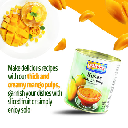 Ashoka Canned Mango Pulp, Premium Alphonso Mango Extract - Sweetened, Great for Making Shakes, Smoothies, Salads, and Baking, Kosher Certified, 30 Ounce (Pack of 6)
