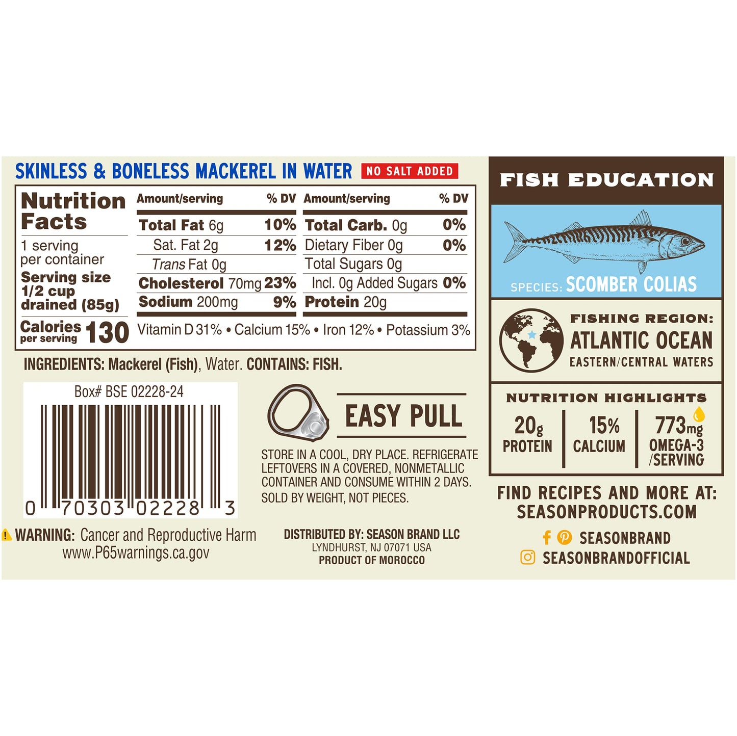 Season Mackerel in Water - Skinless & Boneless, No Salt Added, Wild Caught, Keto Snacks, Canned Mackerel Fillets, Full of Vitamins, Low in Mercury, Kosher, Non-GMO, 20g of Protein - 4.37 Oz, 24-Pack
