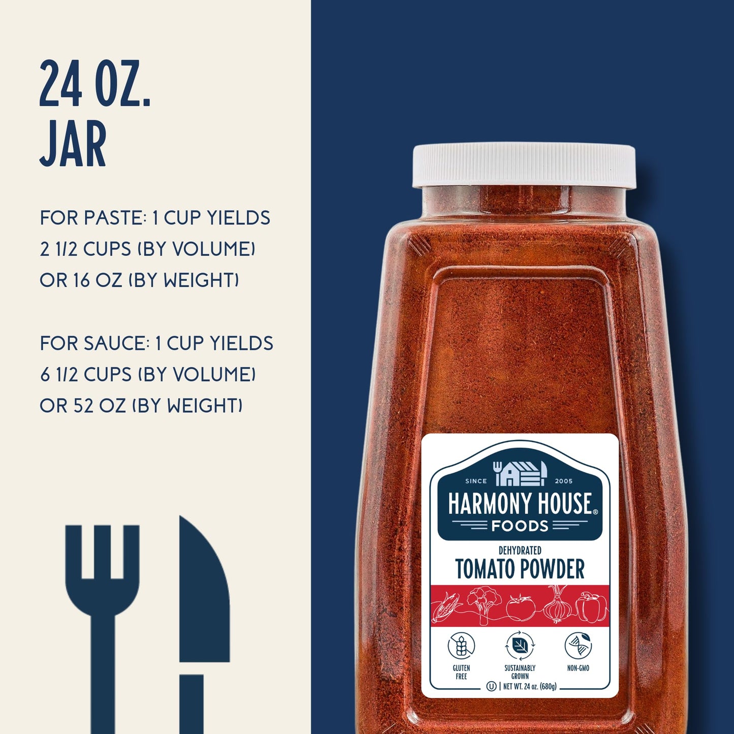 Premium Dehydrated Tomato Powder, 24 oz Size Quart Jar - From Harvest Red Tomatoes by Harmony House Foods