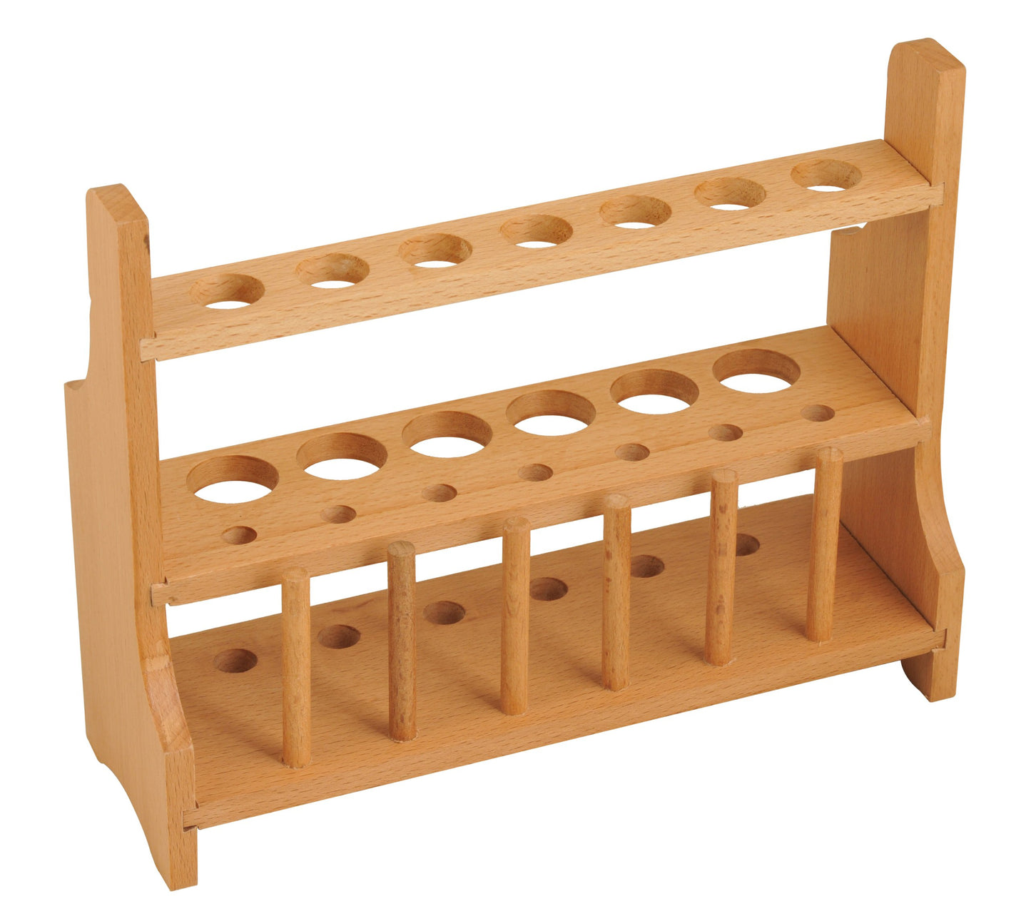 Wooden Test Tube Rack with 6 Draining Pins - Accommodates 13 Tubes, up to 25mm - 10.25" Wide, 8" Tall - Premium Polished Beech Wood Construction - Eisco Labs