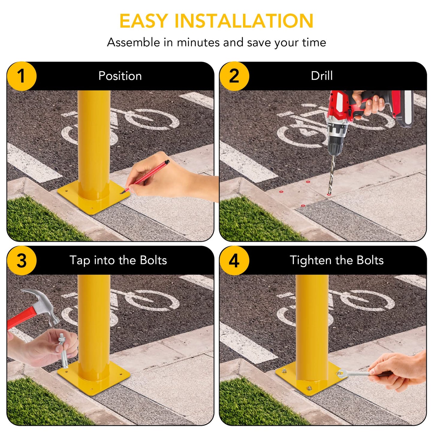 Safety Bollard Post 48" Height, 4.5" Diameter, 6 Packs Yellow Steel with Anchor Bolts - Easy Installation, Stable Base Plate, High Visibility - Ideal for Traffic Control, Driveway Barrier
