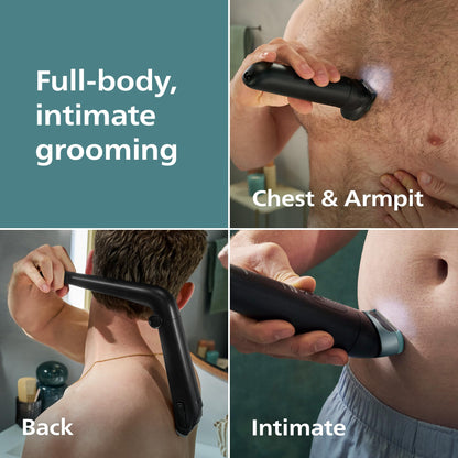 Philips Norelco Body Groomer 9000 Series, Intimate Trimmer for Bi-directional Use & Waterproof Wet Dry Body Shaver System with Foldable Back Attachment & UV Cube Cleaner, BG9485/50