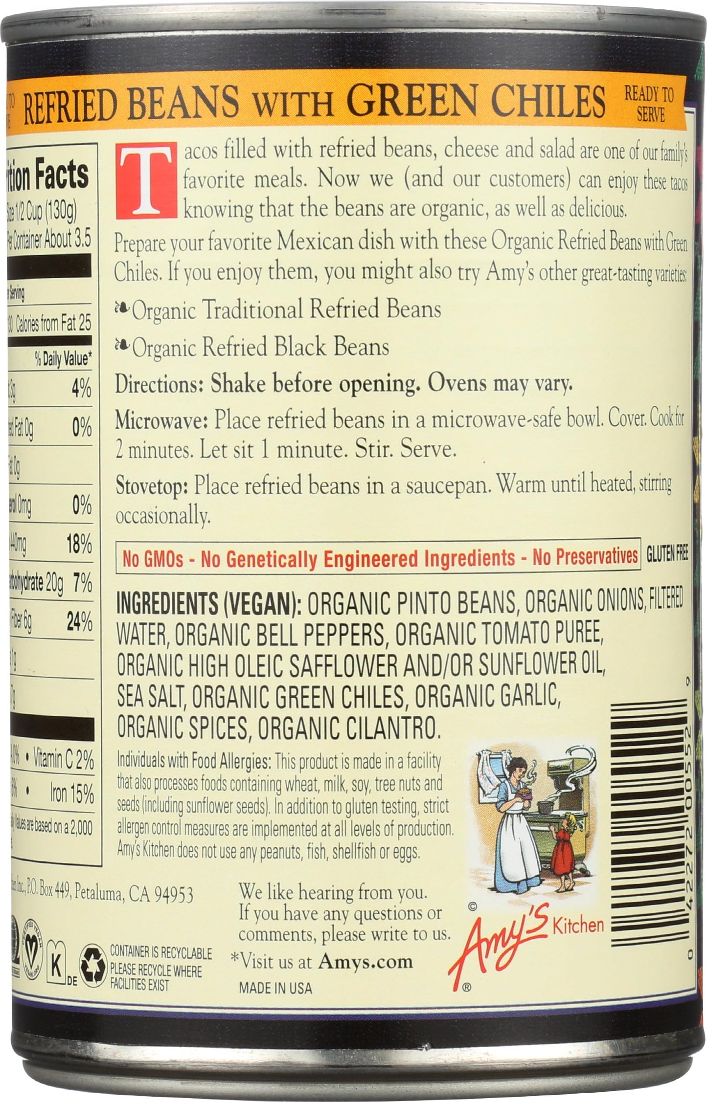 Amys, Beans Refried With Green Chiles Organic, 15.4 Ounce
