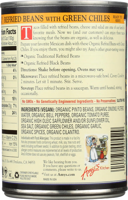 Amys, Beans Refried With Green Chiles Organic, 15.4 Ounce
