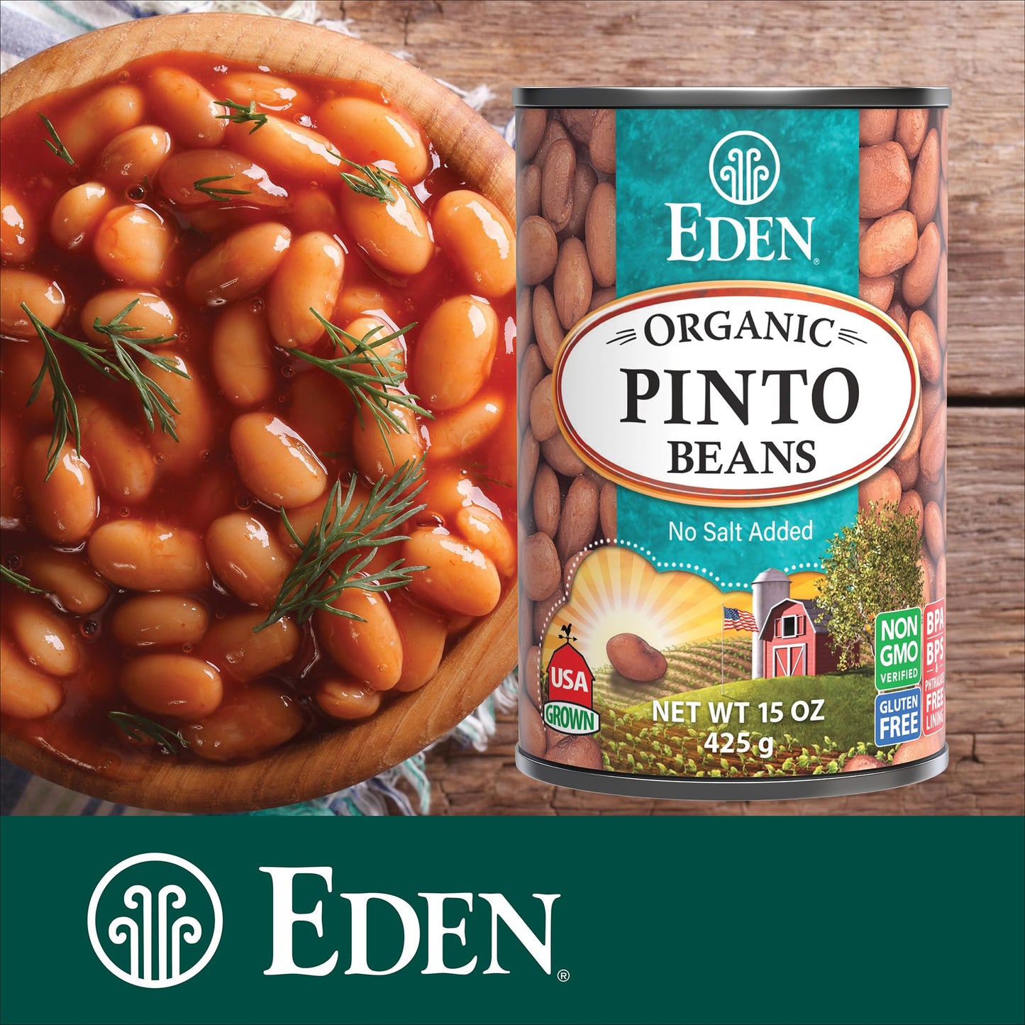 Eden Organic Pinto Beans, 15 oz Can (12-Pack), No Salt Added, Non-GMO, Gluten Free, Vegan, Kosher, U.S. Grown, Heat and Serve, Macrobiotic, Frijol Pinto