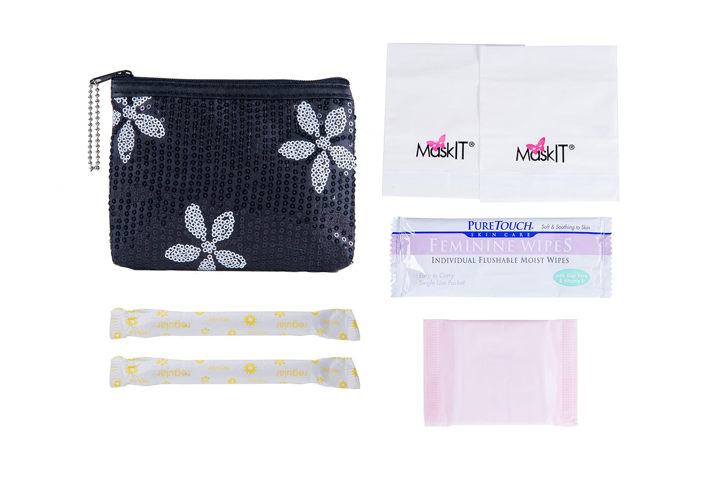 Period Starter Kit - Fashionable and Organic Menstrual Period Survival Kit - When Aunt Flo Makes a Surprise Visit! (Your First Choice to-Go!) (Black)