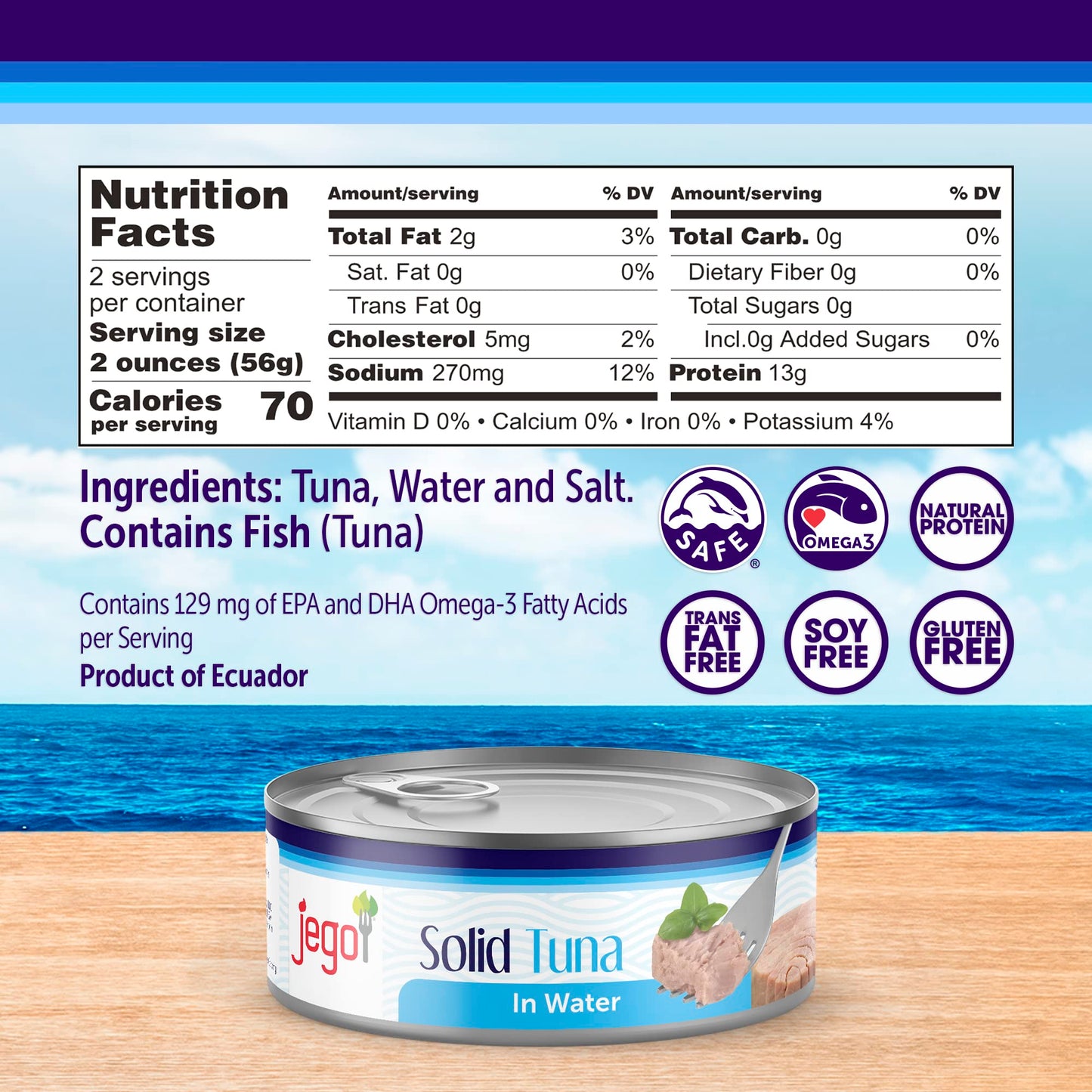Jego Solid Tuna in Water | Wild Natural Catch Tuna | Keto | Low Carb | Gluten Free | Soy Free | Canned | Ready to eat | Pack of 12 | 5oz can