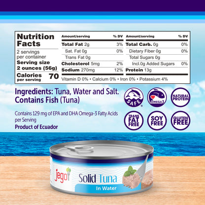 Jego Solid Tuna in Water | Wild Natural Catch Tuna | Keto | Low Carb | Gluten Free | Soy Free | Canned | Ready to eat | Pack of 12 | 5oz can