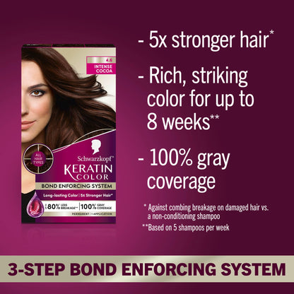 Schwarzkopf Keratin Permanent Hair Dye Cream, 4.6 Intense Cocoa, Professional Quality Color for Up to 100% Gray Coverage, Bond Enforcing System