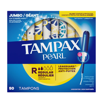 Tampax Pearl Tampons for Women, with LeakGuard Braid, Regular Absorbency, Unscented, 50 Count