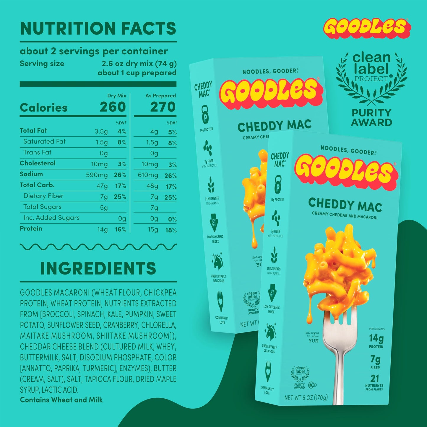 Goodles Cheddy Mac Creamy Cheddar and Macaroni Pasta - Nutrient Packed with Real Cheese, Fiber, Protein, Prebiotics, Plants, & Vegetables | Non-GMO, Organic Ingredients